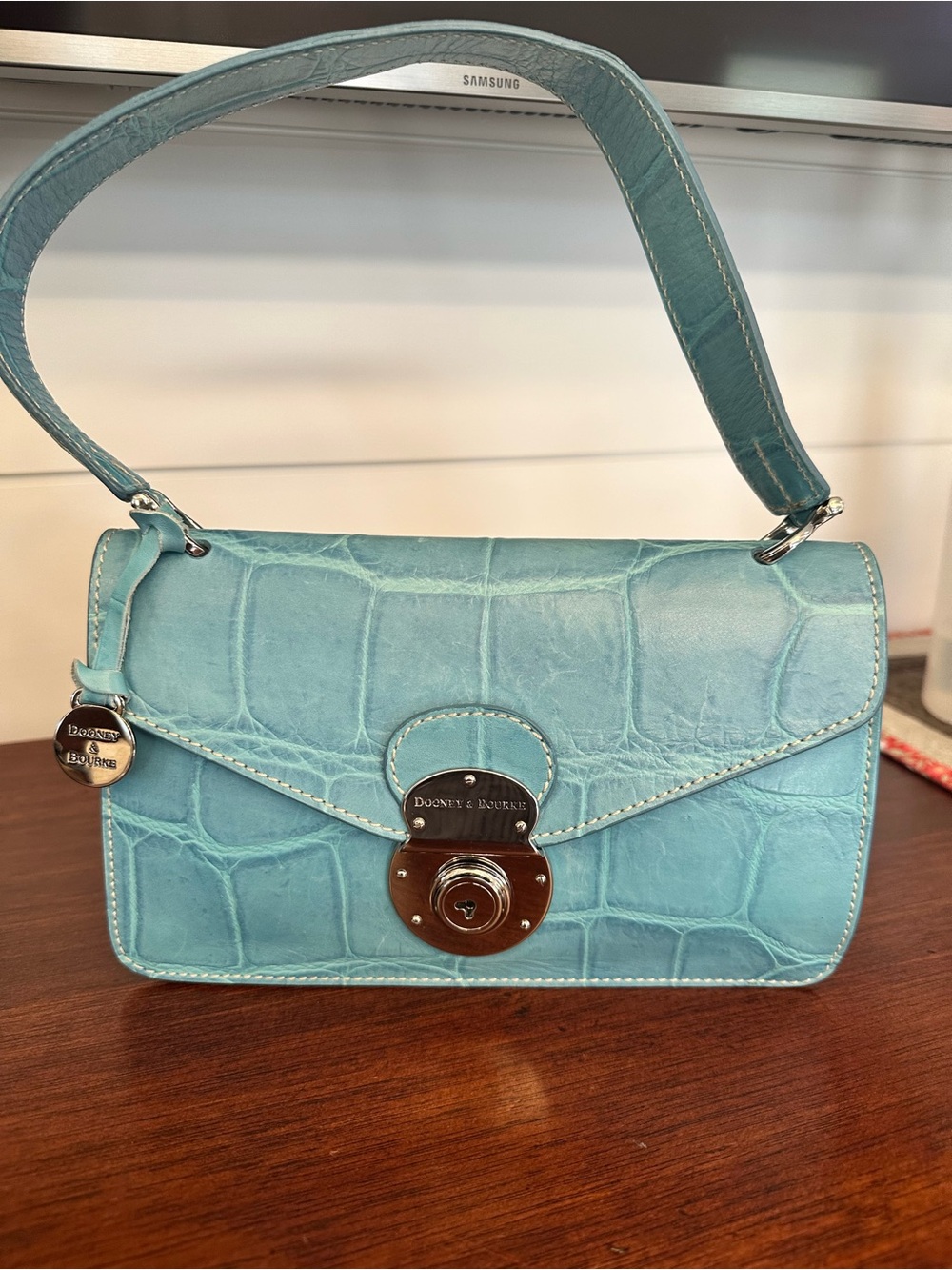 Dooney & Bourke Light Blue Croc-Embossed Shoulder Bag with Silver Hardware